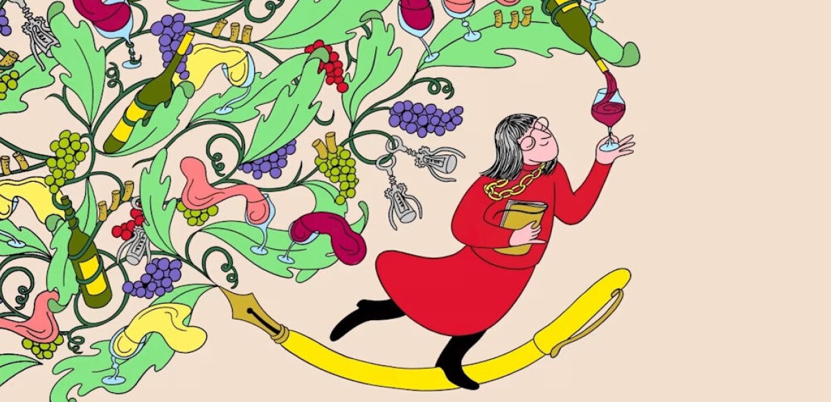 Editorial illustration Financial Times: woman with a wine glass among the vines, Banfi